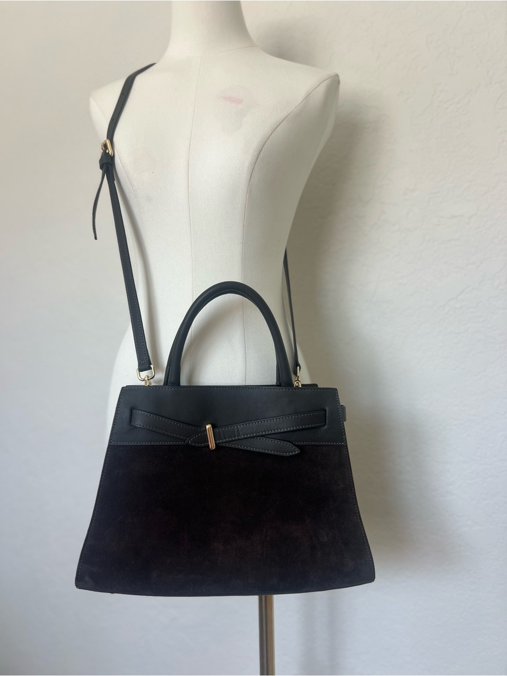 Italian Genuine Leather Suede Satchel Handbag Dark Brown Top Handle Crossbody